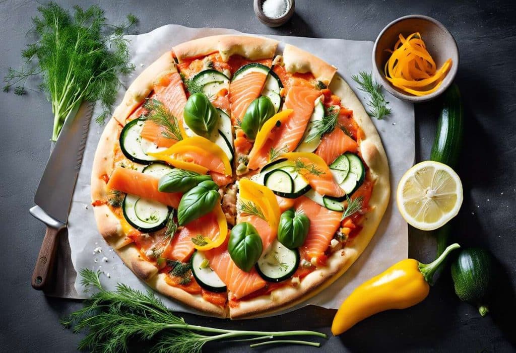Pizza aux deux saumons et julienne de légumes : recette gourmande