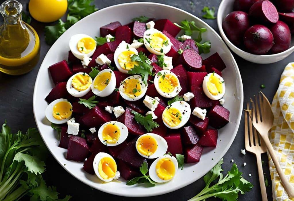 Salade de betterave, maïs, feta et œufs durs : recette facile et savoureuse