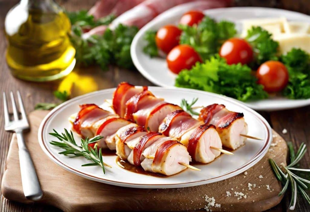 Recette facile : spiedini d'involtini de poulet au bacon et fromage