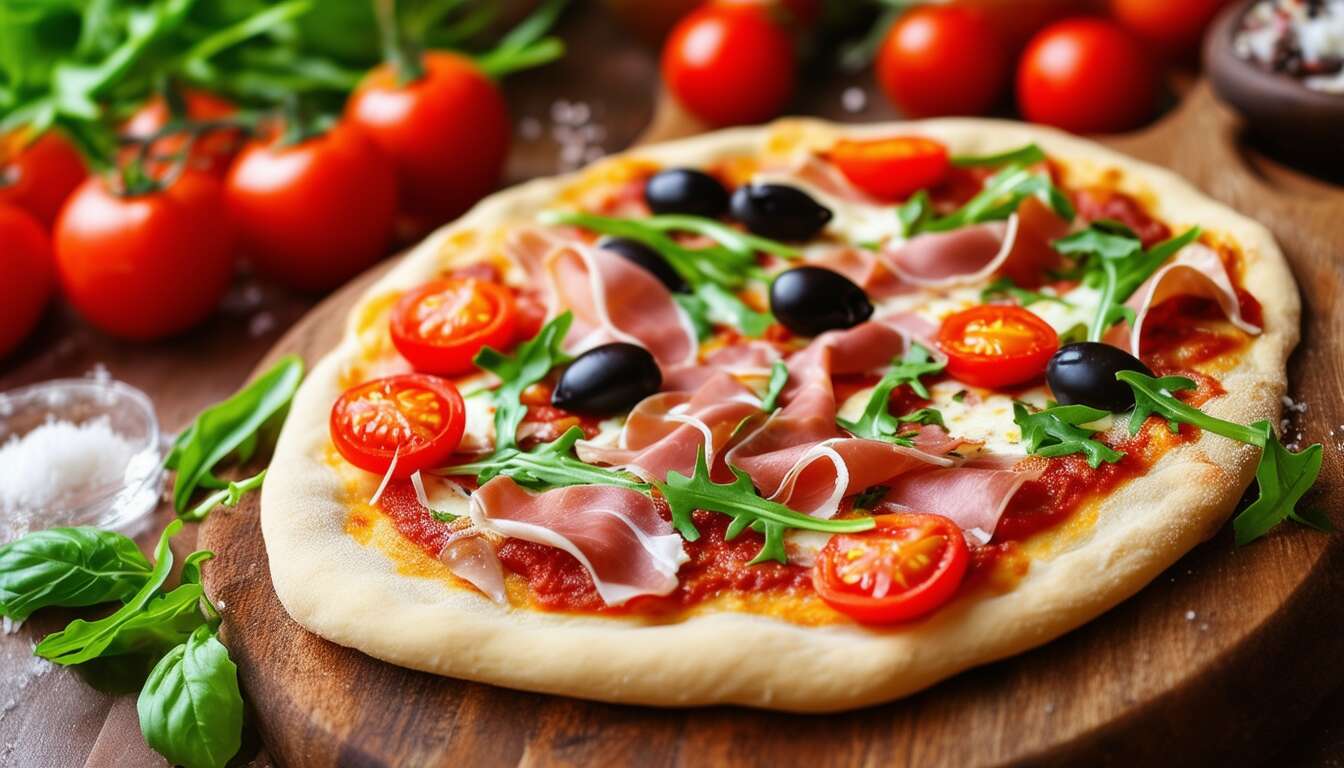 Recette de pizza au jambon cru, tomates cerises et olives : saveurs méditerranéennes
