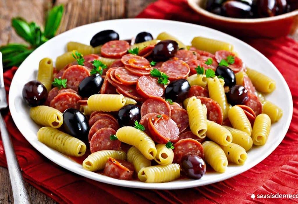Recette de fusilloni aux saucisses piquantes, pois chiches et olives : saveurs méditerranéennes