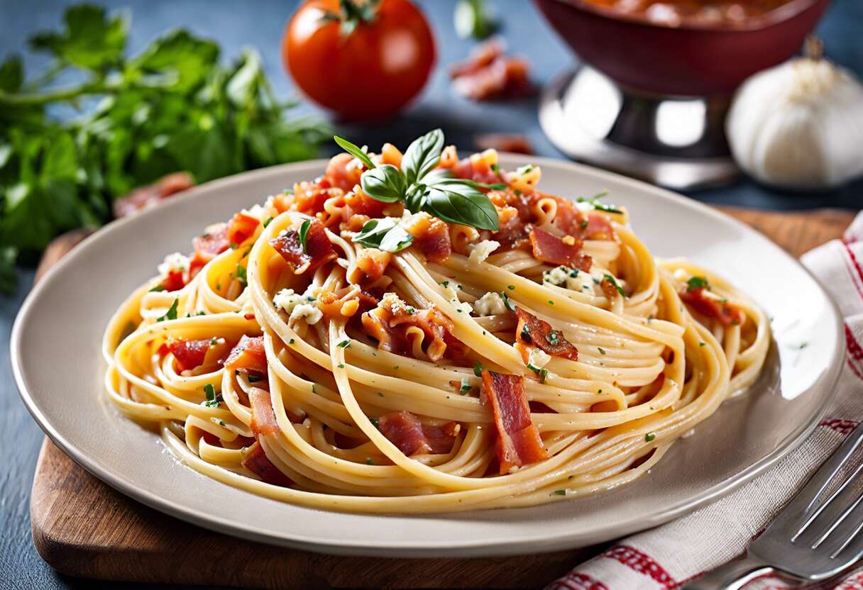 Recette de linguini à la sauce tomate, pancetta et gorgonzola : saveurs italiennes au menu